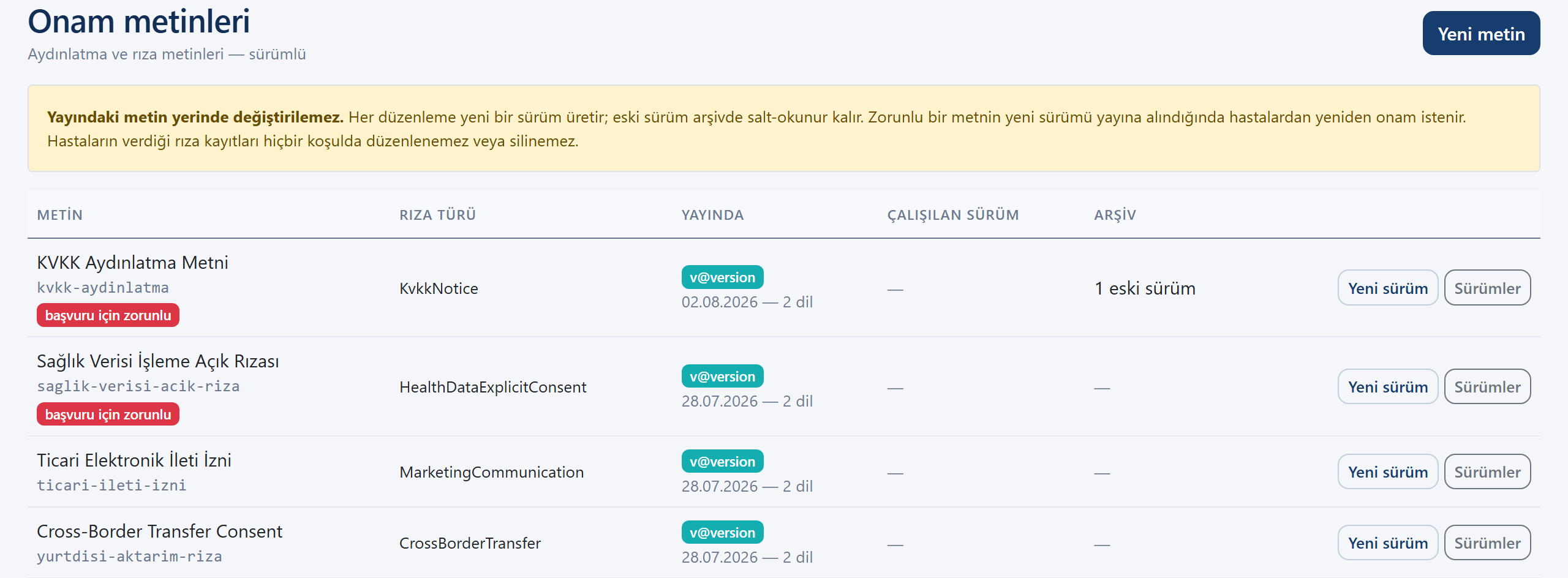 Consent texts — version management
